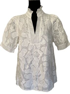 Entro Embroidered Ruffle-Neck Puff Sleeve Blouse Floral Lined